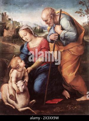 RAFFAELLO Sanzio (né en 1483, Urbino, mort en 1520, Rome) la Sainte famille avec un agneau 1507 huile sur bois, 29 x 21 cm Museo del Prado, Madrid cette petite image pour dévotion privée appartient aux années de Raphaël à Florence, après qu'il eut déménagé de l'Ombrie mais avant qu'il ne soit allé à Rome. Là, il était désireux d'absorber le style en particulier de Léonard, et d'autres artistes tels que le jeune Michel-Ange. Mais la délicatesse miniaturiste et la sérénité de cette œuvre rappellent sa formation précoce sous l'influence du maître ombrien Pérugino, et il y a certainement aussi une connaissance de la peinture néerlandaise, particulla Banque D'Images