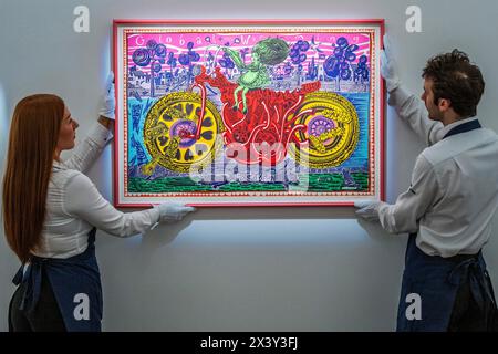 Londres, Royaume-Uni. 29 avril 2024. Grayson Perry, Selfie with Political causes, 2018 - Un aperçu de "Art for AT THE BUS", qui propose de l'art scolaire comme thérapie sur un bus à impériale pour soutenir le bien-être des jeunes. La vente comprend plus de 30 œuvres et sera exposée à la galerie Sotheby's New Bond Street du 29 avril au 7 mai 2024. Les œuvres seront vendues via une vente aux enchères en ligne, propulsée par Artsy, du 29 avril au 10 mai 2024 à 17 heures, les profits allant à AT the Bus. Crédit : Guy Bell/Alamy Live News Banque D'Images