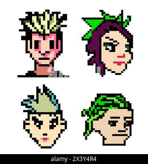 Têtes punk pixel set de vecteurs de personnes avec des cheveux colorés différents, divers styles d'art, graphiques 8 bits, icônes dans le pictogramme des hommes et des gens amusants fema Illustration de Vecteur