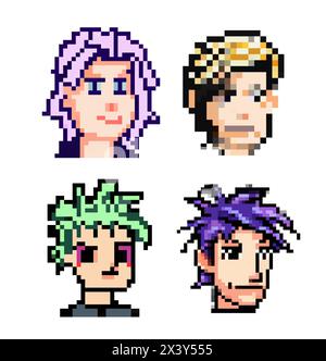 Têtes punk pixel set de vecteurs de personnes avec des cheveux colorés différents, divers styles d'art, graphiques 8 bits, icônes dans le pictogramme des hommes et des gens amusants fema Illustration de Vecteur