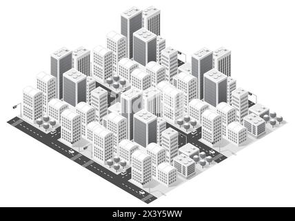 Mégalopole urbaine isométrique Vue de dessus de l'infrastructure de la ville ville, rue, véritable structure moderne, l'architecture des bâtiments différents éléments 3d Illustration de Vecteur