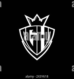 GH logo de lettre gras avec forme de bouclier de triangle pointu avec couronne à l'intérieur du contour blanc sur la conception de modèle de fond noir Banque D'Images