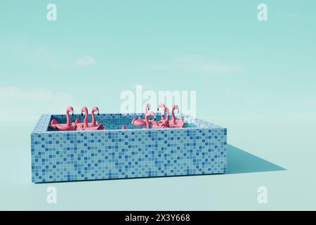 Flamingo flotte dans la piscine. Fête d'été à la piscine. rendu 3d. Vue de face Banque D'Images