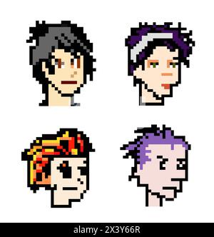 Têtes punk pixel set de vecteurs de personnes avec des cheveux colorés différents, divers styles d'art, graphiques 8 bits, icônes dans le pictogramme des hommes et des gens amusants fema Illustration de Vecteur