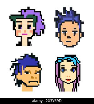 Têtes punk pixel set de vecteurs de personnes avec des cheveux colorés différents, divers styles d'art, graphiques 8 bits, icônes dans le pictogramme des hommes et des gens amusants fema Illustration de Vecteur