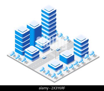 Mégalopole urbaine isométrique Vue de dessus de l'infrastructure de la ville ville, rue, véritable structure moderne, l'architecture des bâtiments différents éléments 3d Illustration de Vecteur