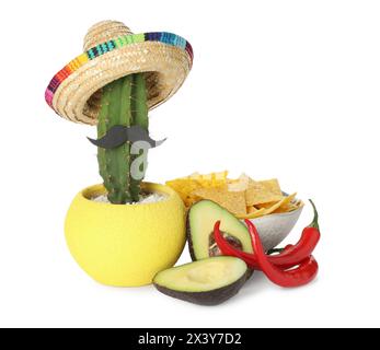 Cactus avec chapeau sombrero mexicain, fausse moustache, piments, avocat coupé et croustilles de nachos dans un bol isolé sur blanc Banque D'Images