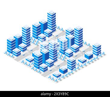 Mégalopole urbaine isométrique Vue de dessus de l'infrastructure de la ville ville, rue, véritable structure moderne, l'architecture des bâtiments différents éléments 3d Illustration de Vecteur