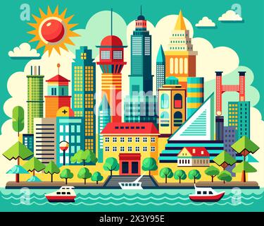 Ensemble de paysage de bâtiments plats silhouettés. Aperçu des complexes et gratte-ciel de faible et de grande hauteur. Constructions structurelles placées objet urbain Illustration de Vecteur