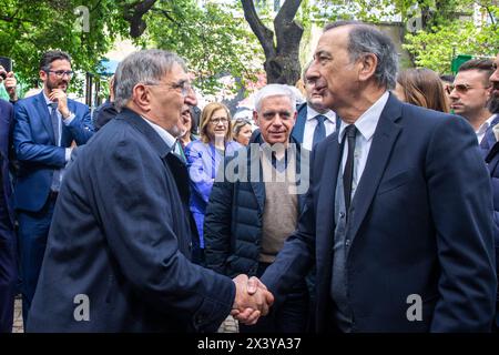 Milan, Italie. 29 avril 2024. Il presidente del Senato Ignazio la Russa con il sindaco di Milano Giuseppe Sala alla cerimonia alla cerimonia istituzionale in ricordo di Sergio Ramelli- Milano - Italia - Luned' 29 Aprile 2024 (Foto Marco Cremonesi/LaPresse) le président du Sénat Ignazio la Russa avec le maire de Milan Giuseppe Sala lors de la cérémonie institutionnelle en mémoire de Sergio Ramelli - Milan - Italie - lundi, 29 avril 2024 (photo Marco Cremonesi/LaPresse) crédit : LaPresse/Alamy Live News Banque D'Images