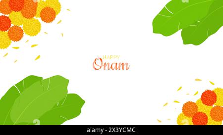 Onam Indian Festival Kerala State. Motifs floraux. Fleurs et feuilles de palmier. Joyeuses vacances à Onam. Conception de bannière d'affiche. Illustration vectorielle. Illustration de Vecteur