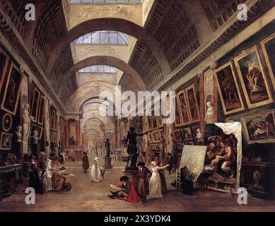 ROBERT, Hubert (né en 1733 à Paris, mort en 1808 à Paris) conception pour la Grande Galerie au Louvre 1796 huile sur toile, 112 x 143 cm Musée du Louvre, Paris le grand travail d'Hubert Robert est la réalisation du Musée du Louvre. Une comparaison de deux de ses peintures, la première montrant une salle en ruine en baril-voûte, et la seconde la Grande Galerie du Louvre, révèle immédiatement la source de l'idée de l'éclairage supérieur et de l'« effet antique » que la galerie nouvellement conçue est ouverte sur le ciel. La sublimité des ruines antiques devait être transférée au bâtiment réel, et cela devait être un tré Banque D'Images