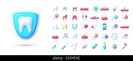 Icônes de dentisterie 3d, grand design à toutes fins. Odontologie orthodontique. Concept de médecine de santé. Fond blanc. Conception vectorielle 3D réaliste Illustration de Vecteur