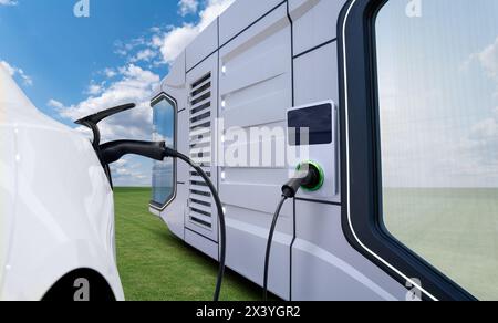 Recharge de voiture électrique nex à la maison écologique futuriste avec station de recharge sur le mur. Banque D'Images