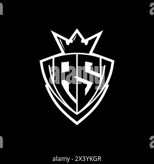 Logo RS en caractères gras avec bouclier triangulaire pointu avec couronne à l'intérieur d'un contour blanc sur fond noir Banque D'Images