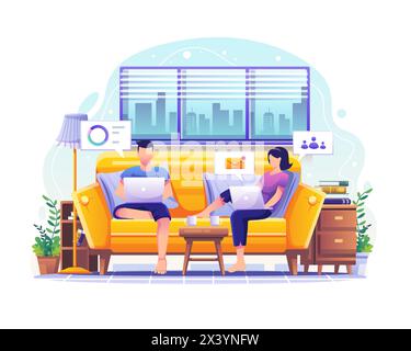 Conception de concept de travail à la maison. homme et femme assis sur le canapé travaillant sur des ordinateurs portables et des ordinateurs à la maison. Illustration vectorielle plate Illustration de Vecteur