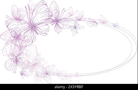 Les papillons sont roses, bleus, lilas, volants, délicats avec des ailes et des éclaboussures de peinture. Illustration graphique dessinée à la main en rose, encre lilas. Cadre ovale Illustration de Vecteur