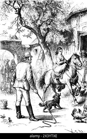 Leçons d'équitation, jeune femme prenant des leçons à l'extérieur dans une cour, illustration historique 1880 Banque D'Images