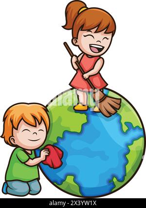 Enfants nettoyant la terre vecteur clip art de dessin animé Illustration de Vecteur