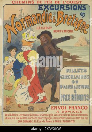 Affiche de voyage vintage George Meunier pour voyages en Normandie et Bretagne, France 1896. Affiche pour la Compagnie des chemins de fer de l'Ouest, excursions en Normandie et Bretagne. Banque D'Images