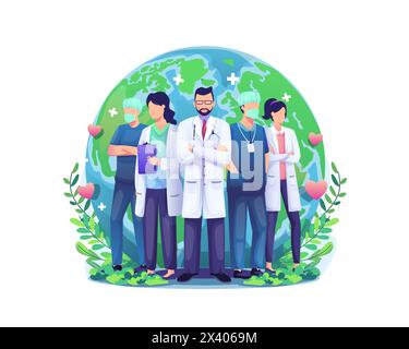 Concept d'illustration de la Journée mondiale de la santé avec un groupe de médecins et d'infirmières du personnel debout devant le monde. illustration vectorielle Illustration de Vecteur