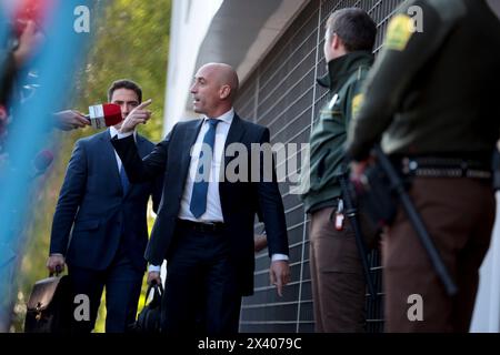 Madrid, Espagne ; 29.04.2024.- L'ancien président de la Fédération royale espagnole de football (RFEF) Luis Rubiales a témoigné devant le juge enquêtant sur ses allégations d'irrégularités à la tête du football espagnol. L’un des principaux points de l’interrogatoire est sa décision de vendre la Super Coupe d’Espagne à la dictature saoudienne, qui comprenait une commission de 24 millions pour le joueur du Barça Gerard Piqué. Photo : Juan Carlos Rojas Banque D'Images