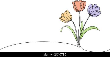 dessin en ligne simple continu de tulipes colorées, illustration vectorielle d'art au trait Illustration de Vecteur