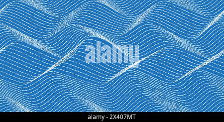 Lignes demi-teintes ondulées blanches sur fond bleu de mer. Motif sans couture avec texture de point raster. Jeu d'ordinateur avec fond plat 8 bits. Illustration vectorielle Illustration de Vecteur