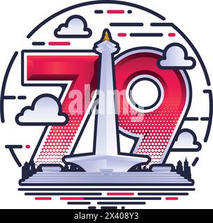 Logo vectoriel Dirgahayu Indonesia Ke 79, avec illustration vectorielle monas monument Illustration de Vecteur