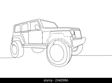 Dessin d'une seule ligne de 4x4 roues motrices voiture de randonnée dure en jeep. Concept de transport de véhicule de rallye aventure tout-terrain. Une conception de dessin de ligne continue Illustration de Vecteur