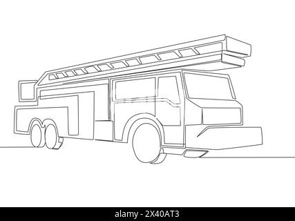 Un dessin au trait d'un camion de pompier avec tuyau et échelle. Concept de transport de véhicules de service de sécurité publique. Dessin de ligne continue unique Illustration de Vecteur