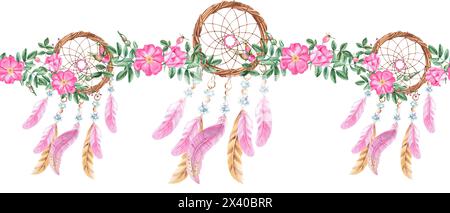 Dream Catchers motif de bordure sans couture aquarelle horizontale. Illustration réaliste dessinée à la main. Peut être utilisé pour le tissu, le textile, les impressions d'emballage Banque D'Images