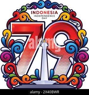 Logo vectoriel Dirgahayu Indonesia Ke 79, avec illustration vectorielle monas monument Illustration de Vecteur