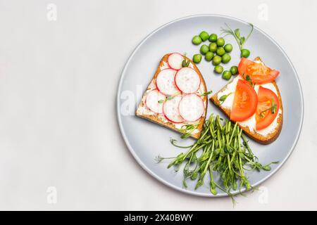 Sandwichs végétariens avec tomates et radis sur plaque de céramique grise. Germes de pois microverts dans un bol de noix de coco. Fond gris. Pose à plat. Banque D'Images