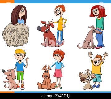 Illustration de dessin animé d'enfants ou d'adolescents avec leurs chiens et chiots personnages Illustration de Vecteur