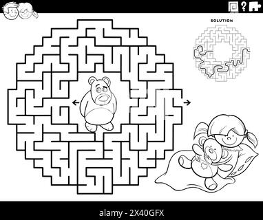 Illustration de dessin animé du jeu de puzzle labyrinthe éducatif pour les enfants avec la petite fille et la page de coloriage ours en peluche Illustration de Vecteur