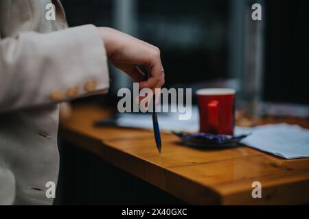 Gros plan de la main d'un homme d'affaires avec stylo au café extérieur Banque D'Images