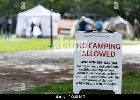 Seattle, États-Unis. 29 avril 2024. Les manifestants pro-Palestine commencent à arriver sur la place Rouge sur le campus de l'UW à 8h00 pour la manifestation du campement de l'UW Palestine. Des militants étudiants se sont rassemblés sur le campus universitaire à travers le pays, installant des tentes d'un océan à l'autre refusant de partir pour appeler à un cessez-le-feu. Les premières manifestations de campement originaires de New York, c'est la deuxième manifestation de campement de l'État de Washington à émerger suite à un événement similaire à Olympia. UW n'a mis en place aucun panneau de camping avant l'arrivée des groupes, à 11h00 n'avait pas déménagé pour appliquer le code. Crédit : James Anderson/Alamy Live News Banque D'Images