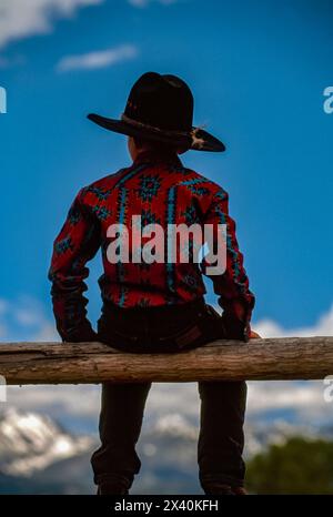 Vue arrière d'un garçon dans un chapeau de cow-boy assis sur un poteau ; Montana, États-Unis d'Amérique Banque D'Images