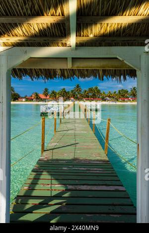 Jetée d'un hôtel à Cayo Guillermo dans l'archipel des Jardines del Rey, avec une eau turquoise claire et des palmiers sur le rivage ; Cayo Guillermo, Cuba Banque D'Images