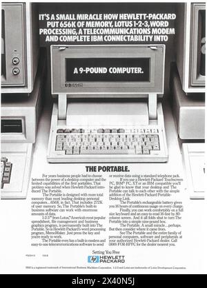 1984 HP 110 Hewlett Packard ordinateur portable annonce - 'Un ordinateur de 9 livres.' Banque D'Images