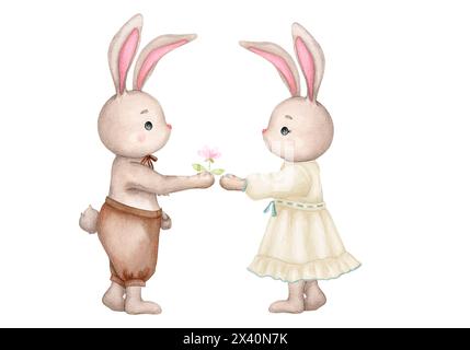 Composition avec des lapins mignons. Garçon et fille. Amour et amitié. Illustration pour enfants dans un style rétro. Baby shower, anniversaire, Saint Valentin. Agrafe Banque D'Images