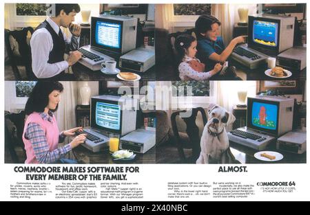 1984 Commodore 64 annonce pour ordinateur personnel - 'Commodore fabrique des logiciels pour chaque membre de la famille' Banque D'Images