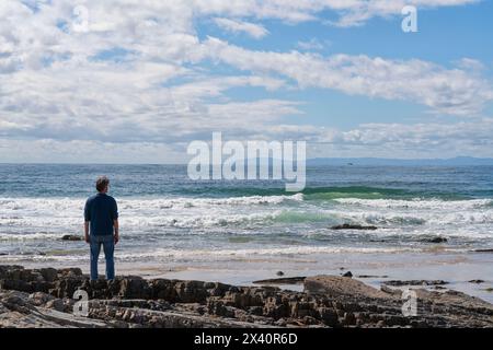 Homme debout sur les rives de l'océan Pacifique regardant les vagues entrer ; Irvine, Californie, États-Unis d'Amérique Banque D'Images