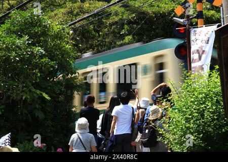 Vie quotidienne au Japon les gens attendent le passage du train et les touristes prennent des photos au célèbre passage à niveau d'Enoden à Kamakura en été Banque D'Images
