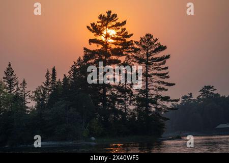 Spectaculaire coucher de soleil sur un lac avec des arbres silhouettés le long du rivage ; Lac des bois, Ontario, Canada Banque D'Images