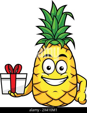 Personnage d'ananas tenant le cadeau enveloppé présent vecteur dessin animé clip art Illustration de Vecteur