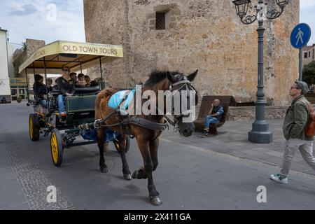 Les touristes apprécient une promenade en calèche à Alghero, en Italie. Alghero est une ville sur la côte nord-ouest de la Sardaigne, en Italie. Encerclé par d'anciens murs... Banque D'Images