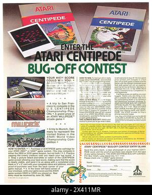 Annonce jeux vidéo Atari 1983 - participez au concours bug-off Atari Centipede Banque D'Images