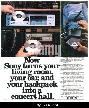 1984:publicité sur le lecteur de disques compacts Sony - « Sony apporte au monde le premier lecteur de disques compacts... » Banque D'Images